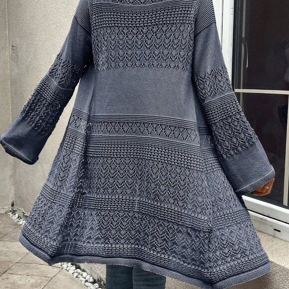 Grey Casual Women's Minimalist Hollow-Out Knitted Cardigan - Picture 2 of 7